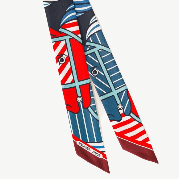 Hermes Silk Quadridge Rouge Bleu Blanc Horse Stripes Silk Twilly - Picture 2 of 6